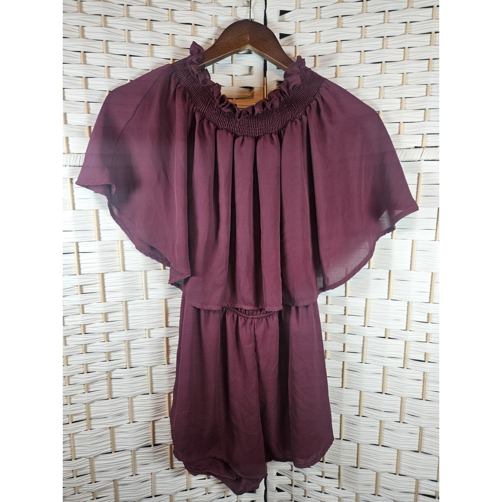 Peach Love Women's Romper Size S Off Shoulder Burgundy Plum Shorts Set